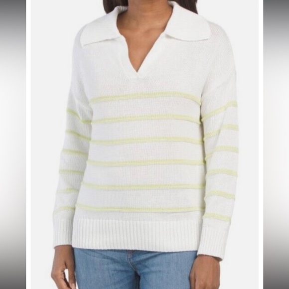 CHRISTIAN SIRIANO Striped Pullover Sweater Jumper Ivory Green V-neck NEW - Picture 1 of 6